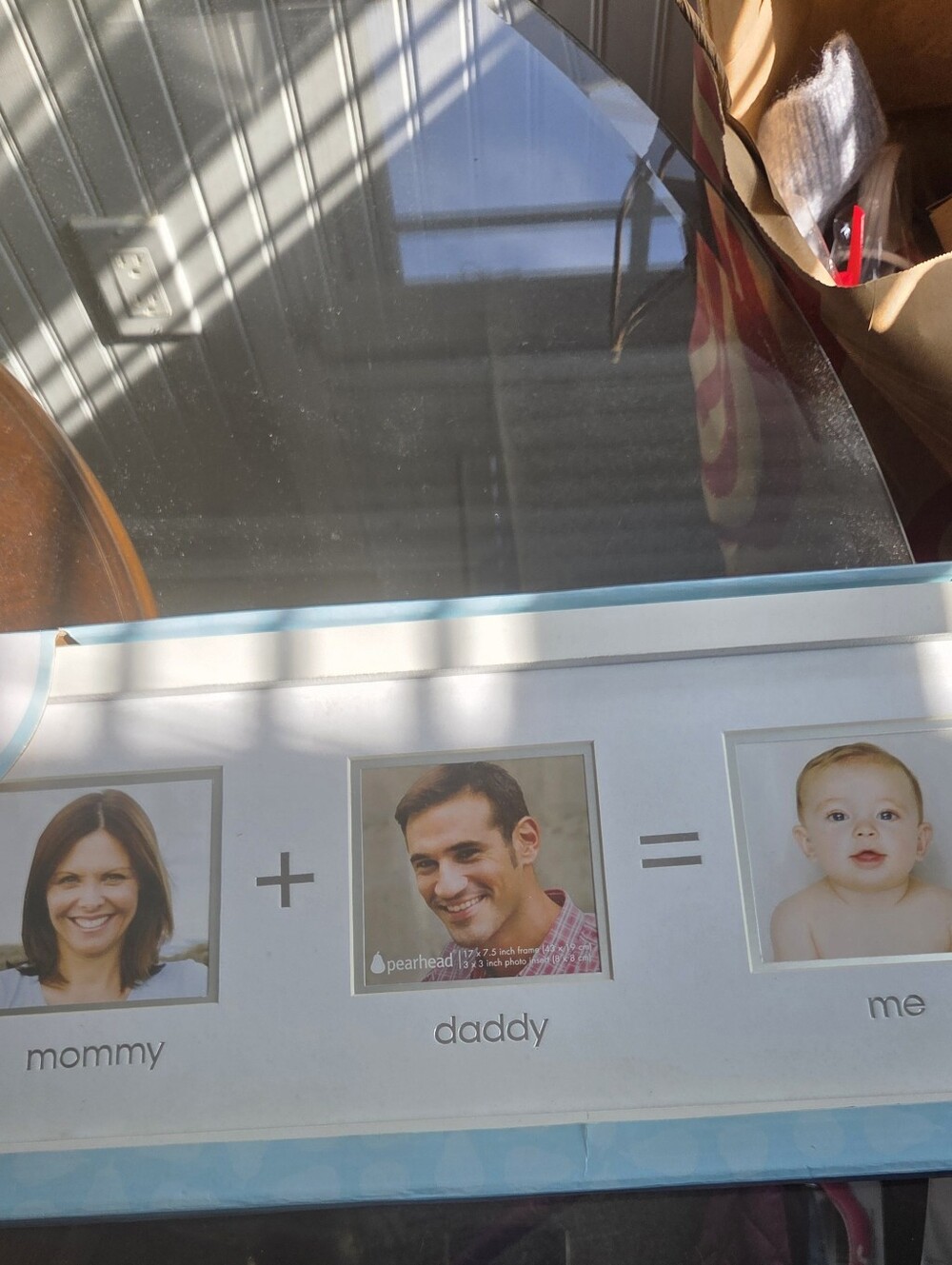Personalized 'Mommy + Daddy = Me' Triple Photo Frame - Light Blue NWT